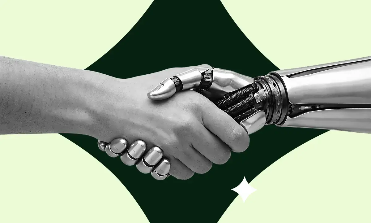 Arte ilustrativa mostra um aperto de mão entre um ser humano e um robô de inteligência artificial.