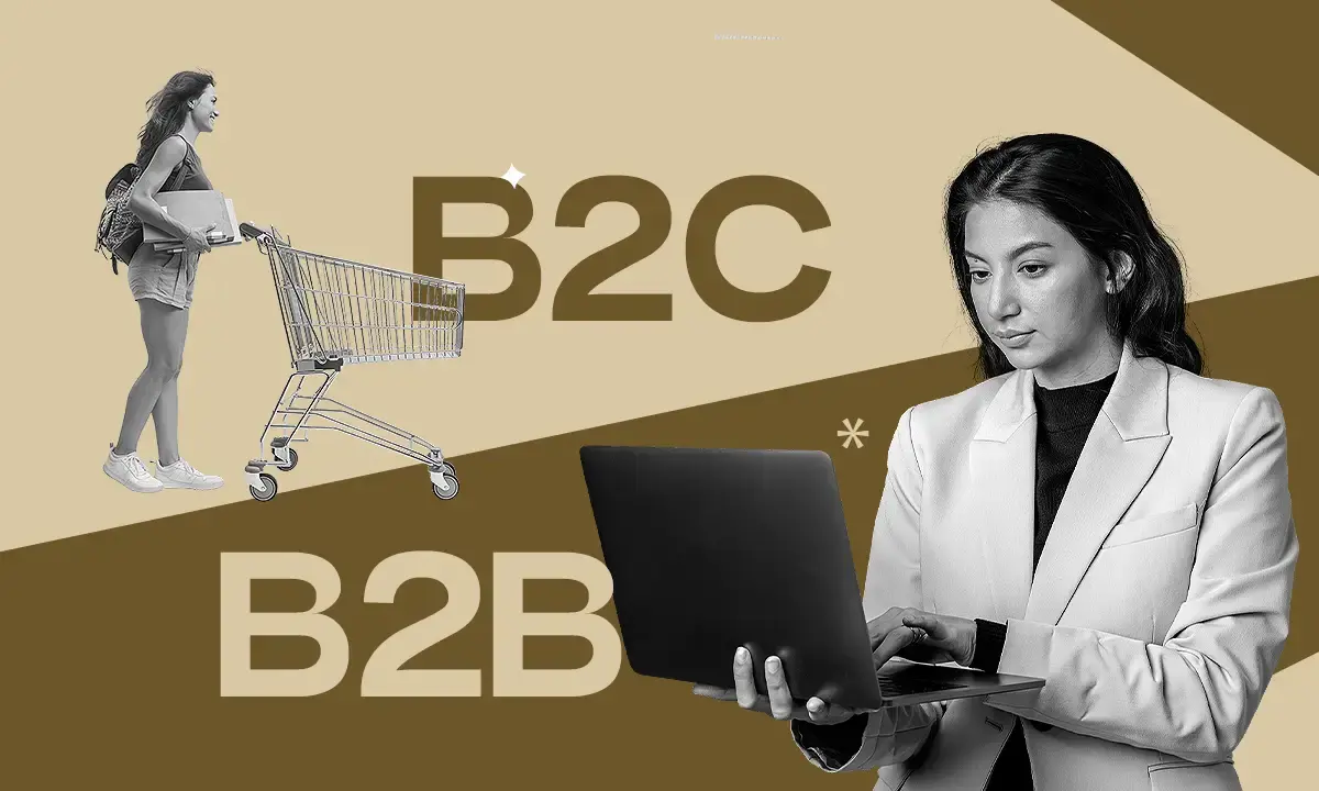 Arte ilustrativa dividida diagonalmente. De um lado B2C com uma mulher empurrando um carrinho de compras. Do outro lado B2B, com uma mulher trabalhando em um notebook.