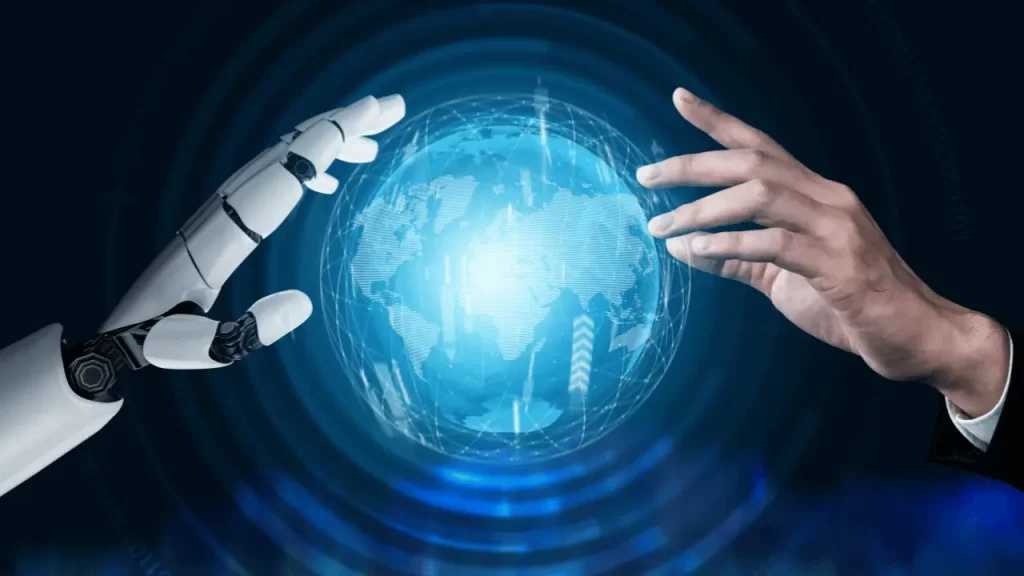 Mão de um robô e mão de um humano mexendo em um globo terrestre virtual