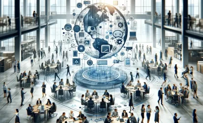 Ilustração de um grande escritório simbolizando diversos processos de comunicação.